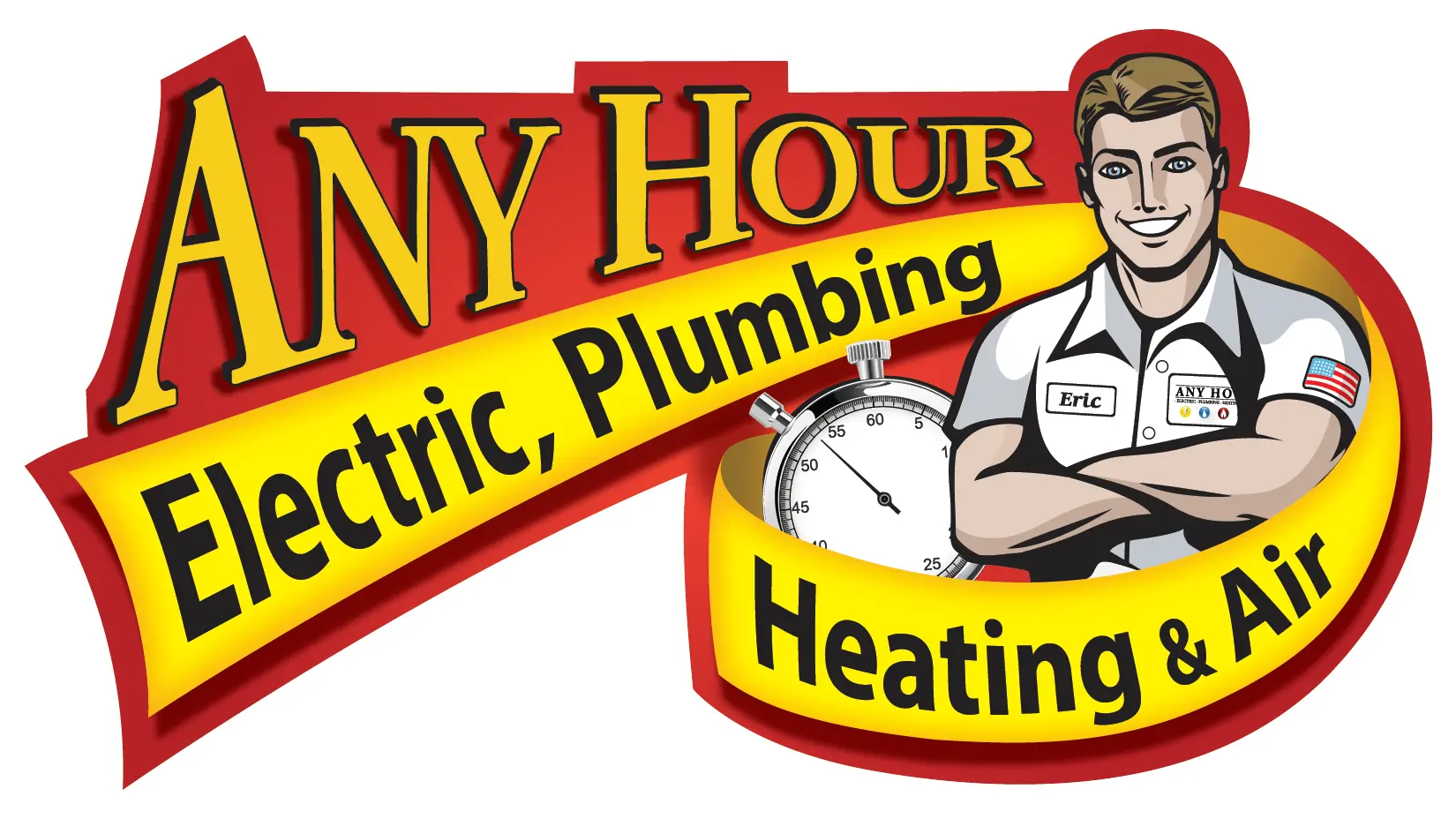 Logo for Any Hour Electric, Plumbing, Heating & Air featuring a smiling technician with crossed arms, a stopwatch, and a bold, professional tone.