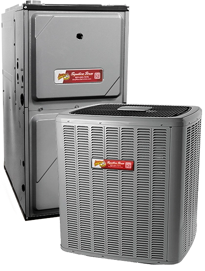 An outdoor AC unit in front of an indoor furnace unit, both with brand logos.