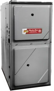 A gray metal furnace with a boxy design, featuring a red label displaying Any Hour Signature Series. It conveys a sense of durability and functionality.