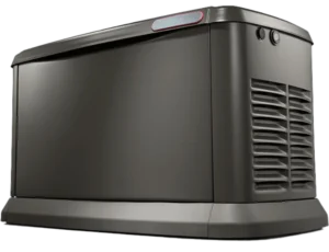 A sleek, modern standby generator with a dark gray, metallic finish. Its front panel is smooth, while the side shows air vents and control knobs.