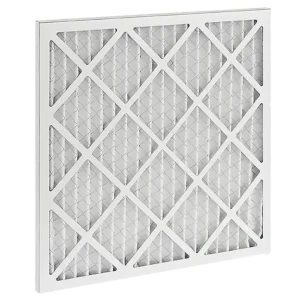 White pleated air filter with a diamond grid design, viewed at an angle. The filter conveys a sense of cleanliness and efficiency in air purification.