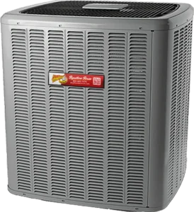 Outdoor air conditioning unit with a metallic finish, featuring a grille top and side vents. A red Any Hour service label is visible, adding a professional touch.
