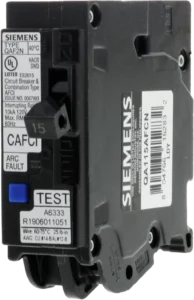 A Siemens circuit breaker featuring labels for 15 amps, arc fault, test button, and specifications, against a neutral background.