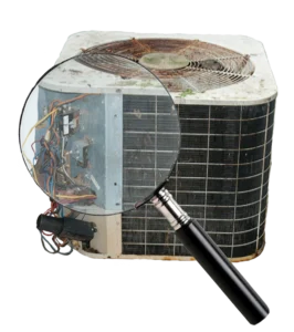 An old air conditioning unit is shown with exposed wiring. A magnifying glass zooms in on the rusty, tangled internal wires, conveying deterioration.