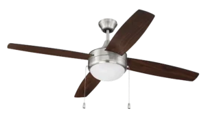 Ceiling fan with four dark wood blades, brushed metal fixture, and white glass light in the center. Pull chains hang from either side, the design is modern.