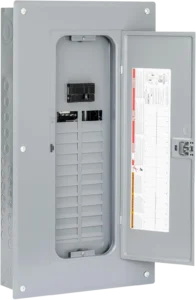 A gray electrical breaker box is shown with its door open, revealing multiple empty slots and one installed circuit breaker. The door has a large safety label.
