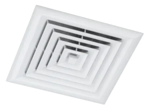 White ceiling vent with a geometric, layered design forming concentric square patterns. The image conveys a sense of modernity and simplicity.