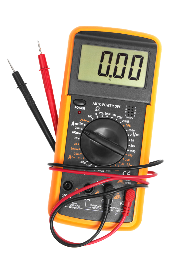 A digital multimeter with a bright orange casing. Black and red probes are attached, coiled around the device.