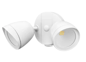 White dual-head LED security floodlight with a modern design. Each light has a conical shape and a visible grid of LED bulbs.