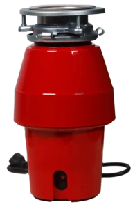 Bright red kitchen garbage disposal unit on a white background. Features metallic mounting hardware on top and a power cord extending from the side.