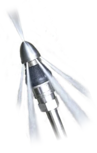 Metal hydro jetting nozzle spraying powerful jets of water outward in all directions. The stainless steel design conveys high-pressure functionality.