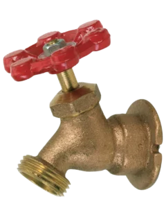 Brass water spigot with a red, star-shaped handle against a plain background. The metallic texture is emphasized, conveying a sturdy and practical tone.