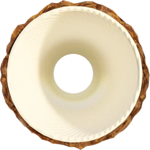 Close-up of a sliced pipe lining, a cylindrical interior with smooth, beige walls and a rough, textured brown outer edge.