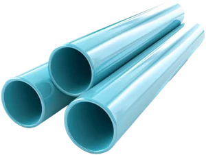 Three glossy, light blue PVC pipes lie parallel, with smooth surfaces reflecting light, conveying a clean, industrial tone.