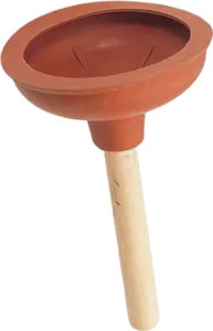 A red rubber sink plunger with a wooden handle. The plunger is slightly tilted, showing its flat suction cup and textured wood surface.