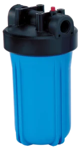 Blue water filter housing with a black lid, featuring multiple connection ports and a red release button. The design is sturdy and functional.