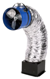 Shiny silver duct connected to a blue inline ventilation fan with a protective black grill. The setup conveys industrial efficiency.