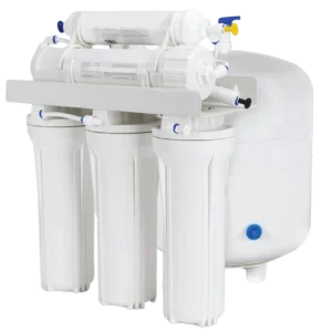 White under-sink water filtration system with multiple cylindrical filters and connectors, conveying a sense of clean, efficient water purification.