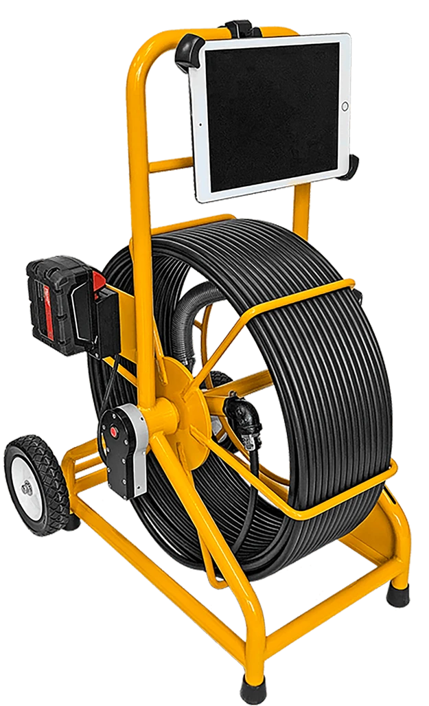 Yellow inspection camera system with a large coiled cable on a two-wheeled frame. A tablet is mounted on top and a battery pack is attached to the side.
