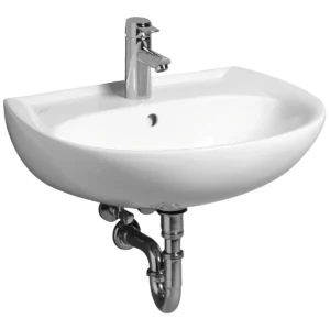 A sleek, white ceramic wall-mounted sink with a modern chrome faucet and visible plumbing. The design is simple and elegant, conveying a minimalist tone.