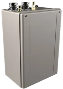A sleek, metallic water heater with a rectangular design. It features several black and brass-colored connecting valves on top, suggesting a modern, industrial aesthetic.