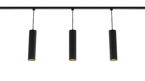 Three sleek, cylindrical pendant lights hang in a row from a track on the ceiling, emitting a warm glow. The design is minimalist and modern.