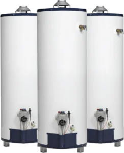 Three tall, white cylindrical water heaters with dark blue bases and tops, featuring a control panel and pipes, side by side.