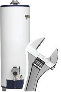 A white water heater with a blue base in the background. In the foreground, a large silver adjustable wrench angled diagonally, suggesting repair or maintenance.