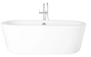 A sleek, modern white freestanding bathtub with smooth edges is set against a white background. The minimalist design includes a stylish chrome faucet.