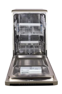 Open dishwasher with empty stainless steel racks and a visible detergent compartment. The sleek, modern design conveys cleanliness and efficiency.