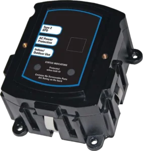 Black surge protector labeled for Type 2 SPD, AC Power Protection, and Indoor/Outdoor Use. Features status indicators and no serviceable parts.