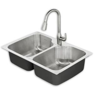 Stainless steel double kitchen sink with a high-arc faucet. The design is modern and sleek, conveying functionality.