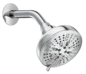 Close-up of a sleek chrome showerhead with multiple nozzles and an adjustable lever, conveying modern and functional bathroom design.