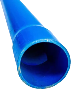 Close-up of a blue plastic pipe segment against a white background, with a slightly worn edge, indicating utility and everyday functionality.