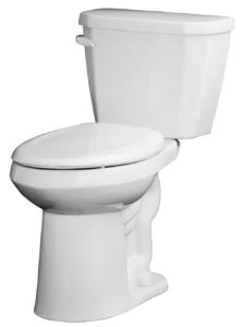 A white ceramic toilet with the seat down, isolated on a white background.