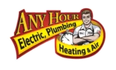 Logo for Any Hour Electric, Plumbing, Heating & Air featuring a smiling technician with crossed arms, a stopwatch, and a bold, professional tone.